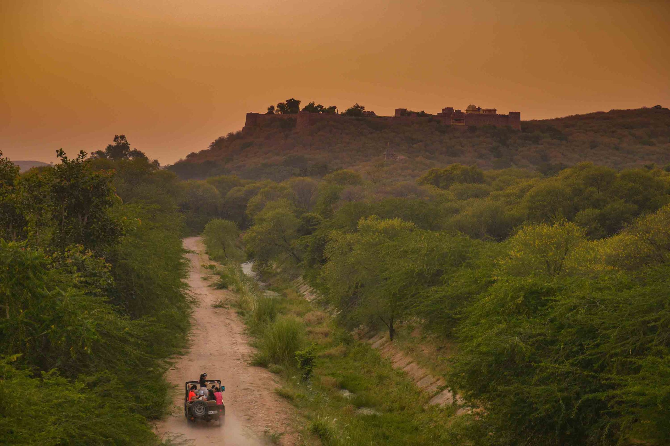 Voyageurs en jeep parcourant un chemin de terre au coucher du soleil avec le fort de Ramathra en Inde, en arrière-plan